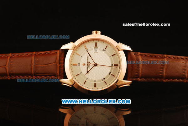 Vacheron Constantin Malte Swiss ETA 2824 Automatic Rose Gold Case with White Dial and Brown Leather Strap - Click Image to Close